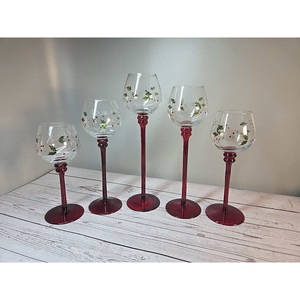 PFALTZGRAFF‎ Set of 5 Hurricane Red Stem Candle Votive Holders WINTERBERRY